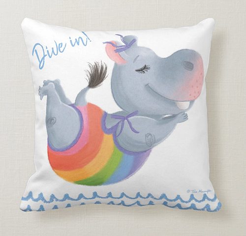 Little Rainbow Hippo Happiness Makes a Splash - Dive In! - Cushion by Tina Macnaughton.