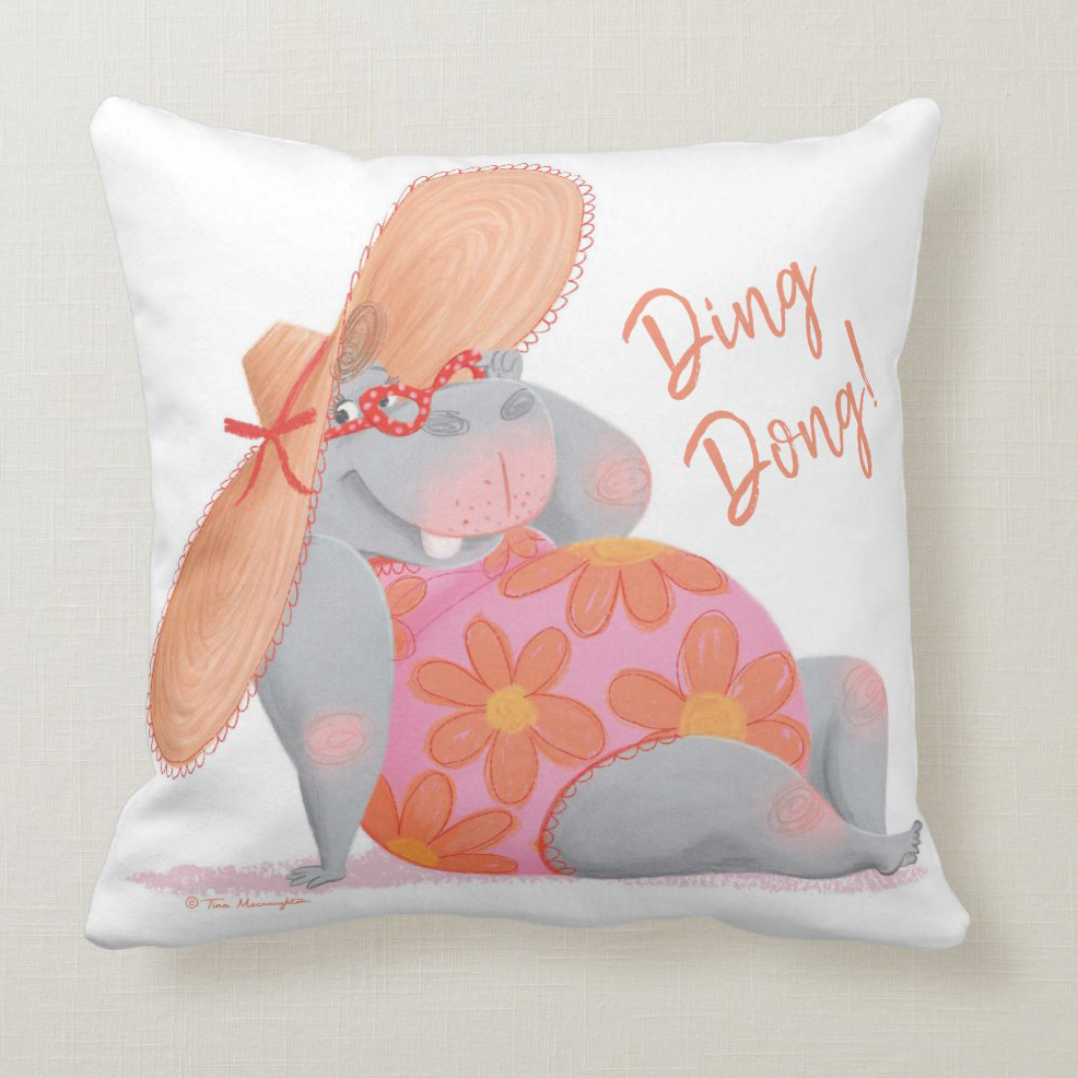 Hippo Mum Beach Babe Cushion by Tina Macnaughton.
