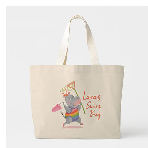 Little Rainbow Hippo Running to the Beach Large Tote Bag by Tina Macnaughton.