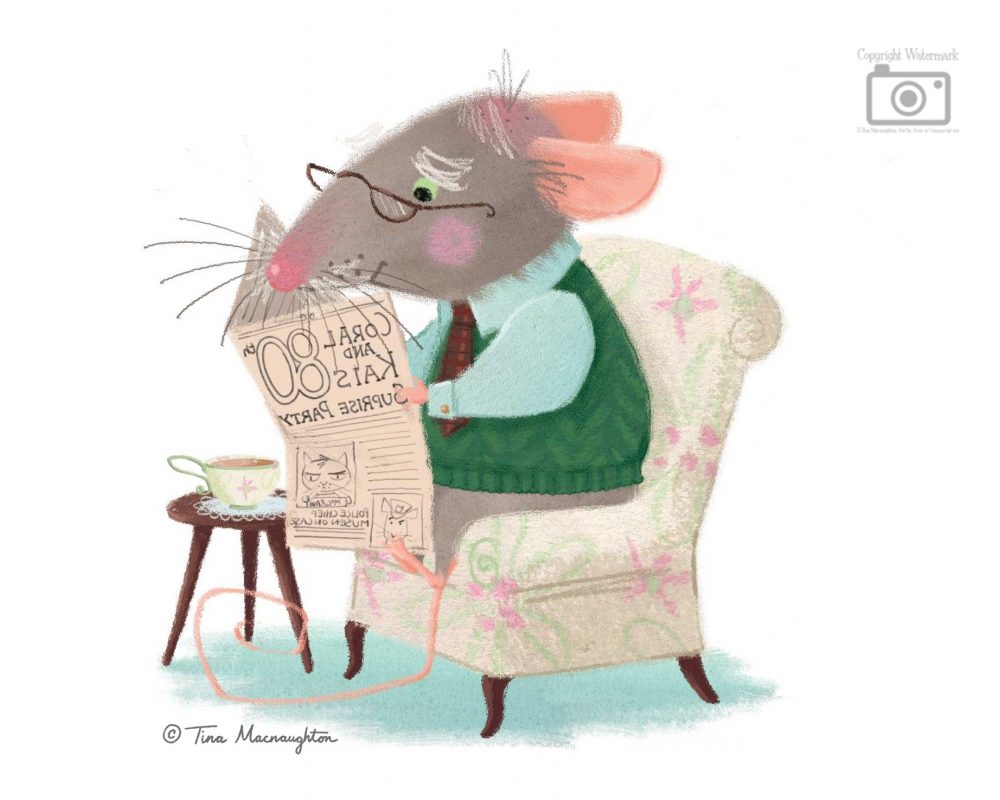 Grandpa Mouse Reading the Newspaper with a Cup of Tea.